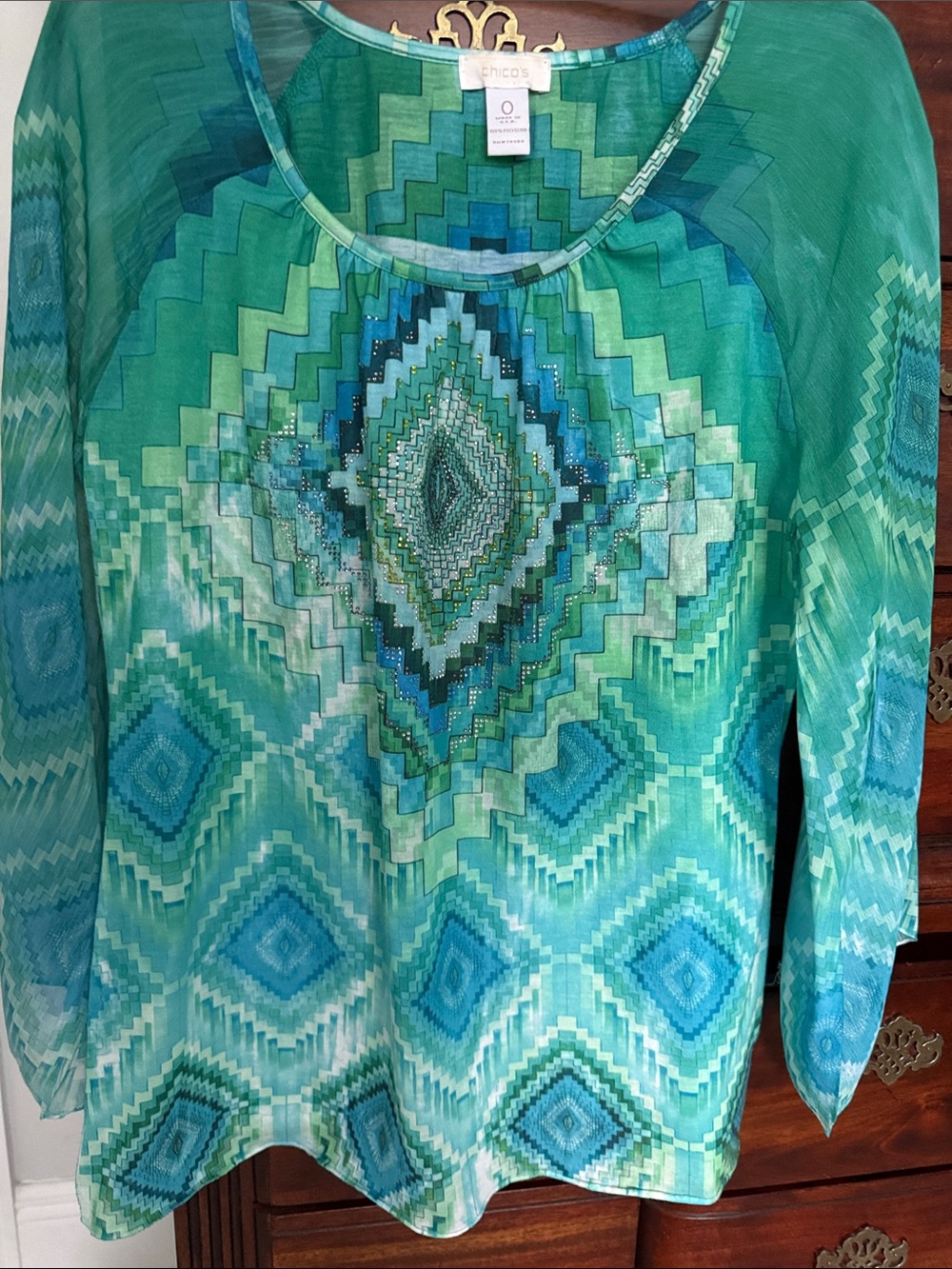 Chico's Aqua and Teal Geometric-Print Long-Sleeve Tunic